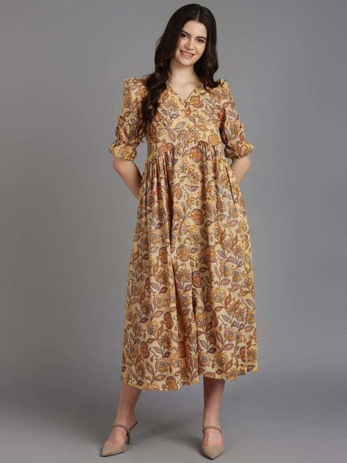 zari jaipur brown cotton printed a-line dress