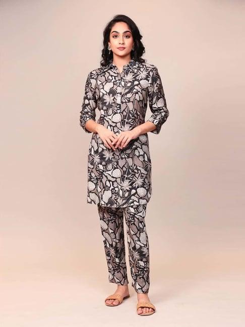 zari jaipur grey printed kurti pant set