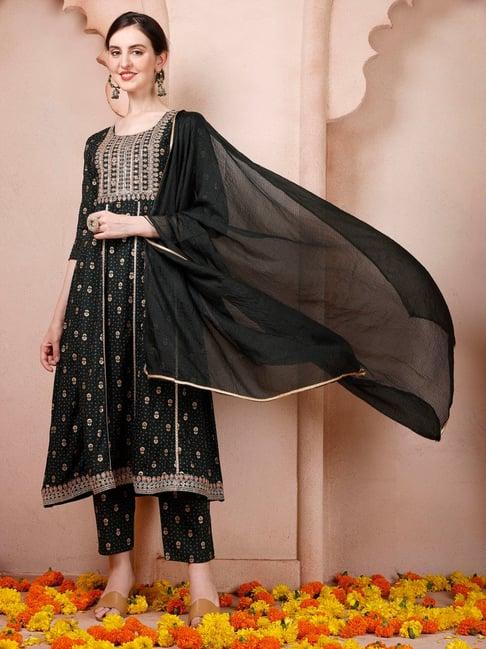 berrylicious dark green embroidered kurta with pant & dupatta