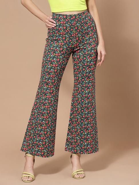 kassually multicolor cotton floral print regular fit high rise trousers