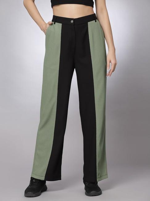 kassually black & green color-block regular fit mid rise trousers