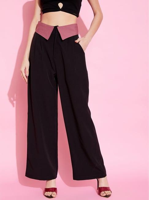 kassually black regular fit mid rise trousers