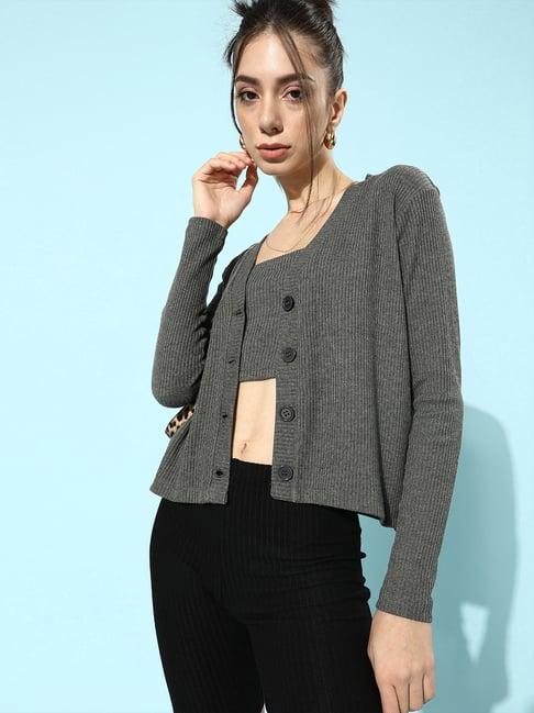 kassually grey cotton textured cardigan