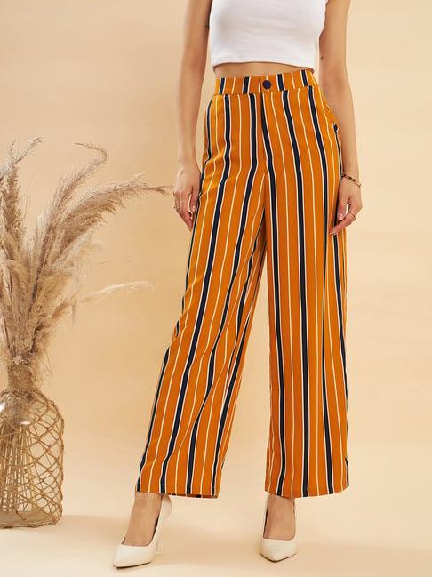 kassually navy & mustard striped regular fit mid rise trousers