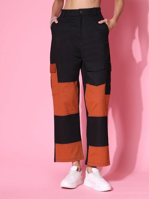 kassually black & orange cotton color-block regular fit mid rise trousers