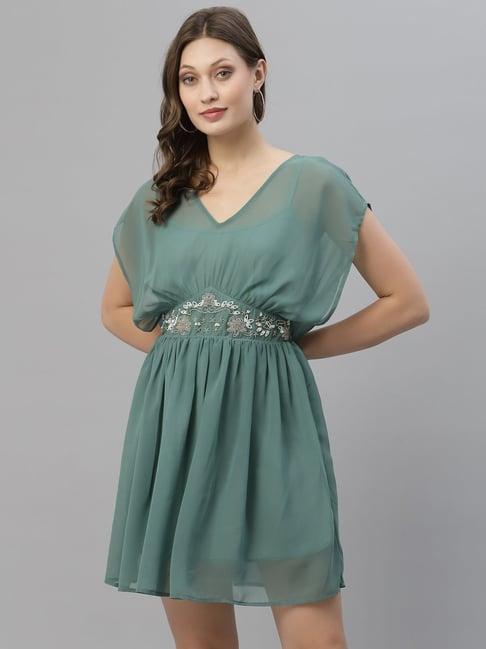 kassually sea green embellished fit & flare dress