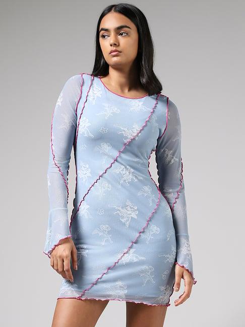 nuon by westside light blue printed seam detail bodycon dress