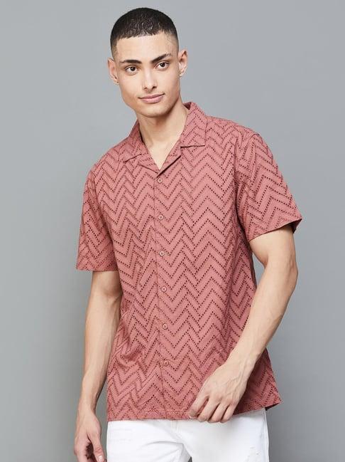 forca by lifestyle pink cotton regular fit self pattern shirt