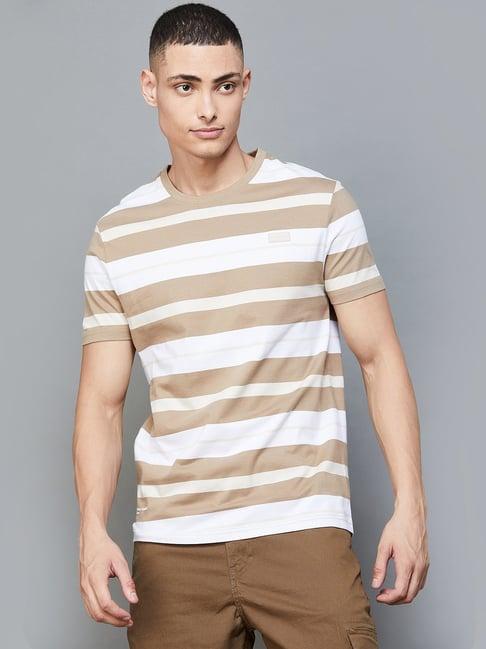 bossini beige cotton regular fit striped t-shirt