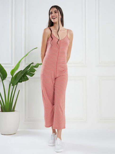 kassually rust cotton striped jumpsuit