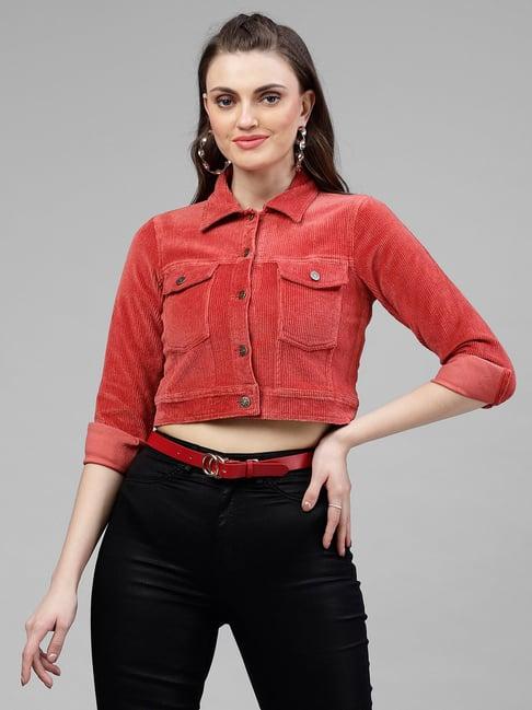 kassually rust cotton relaxed fit crop denim jacket