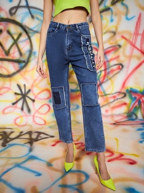 kassually blue graphic print mid rise jeans