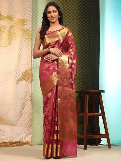 silk land banarasi silk pink woven saree with blouse