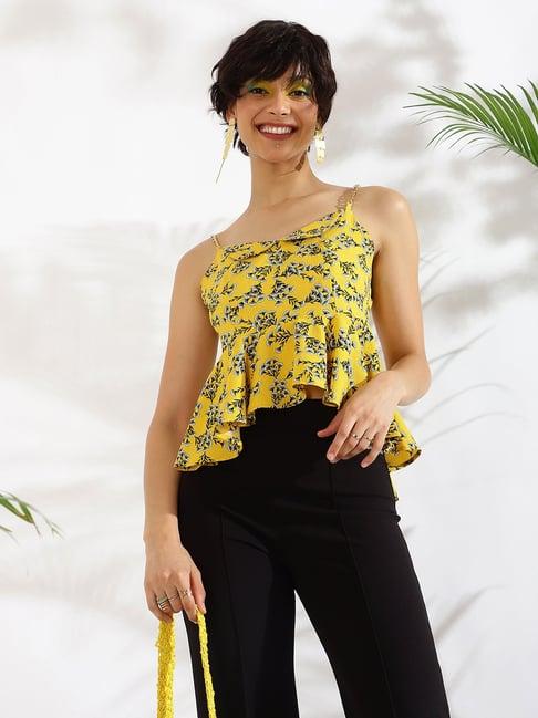 kassually yellow floral print peplum top