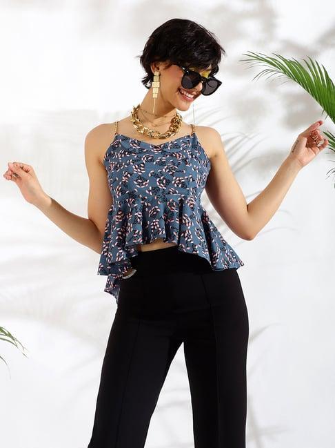 kassually blue floral print peplum top