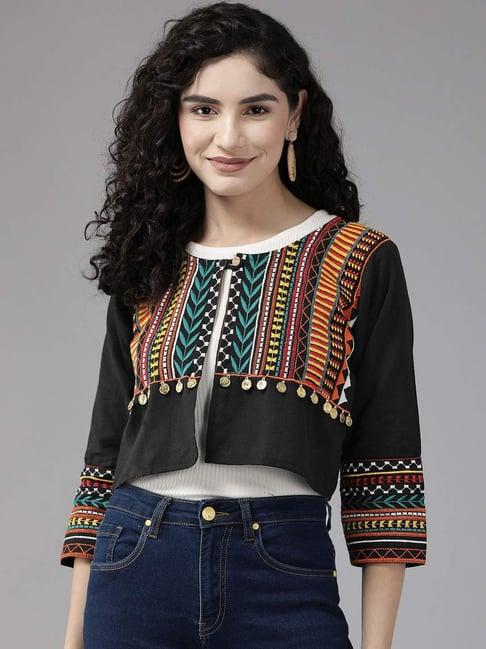 aarika black cotton embroidered ethnic jacket