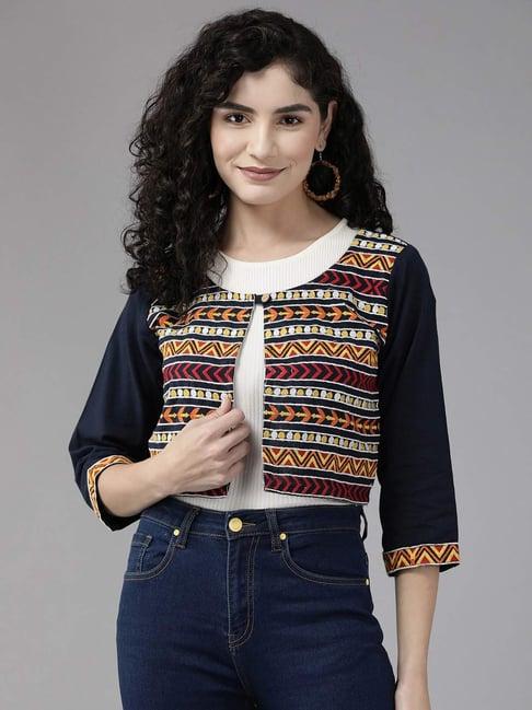 aarika navy cotton embroidered ethnic jacket