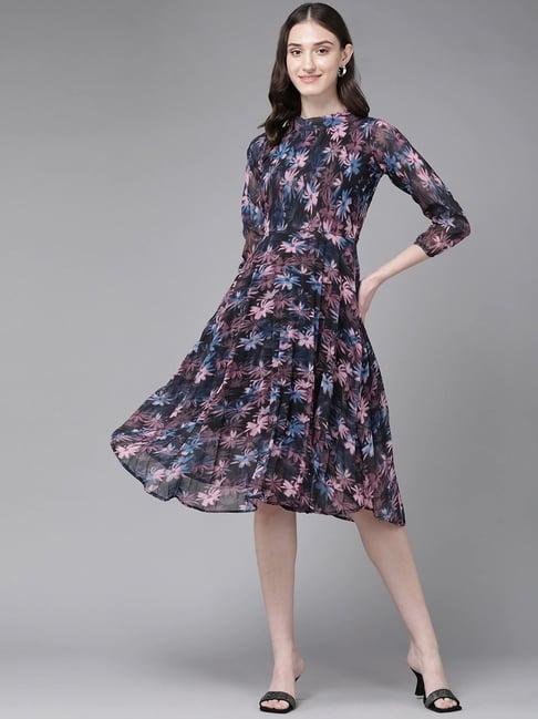 aarika black printed a-line dress