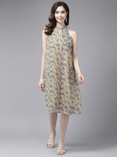 aarika beige printed a-line dress