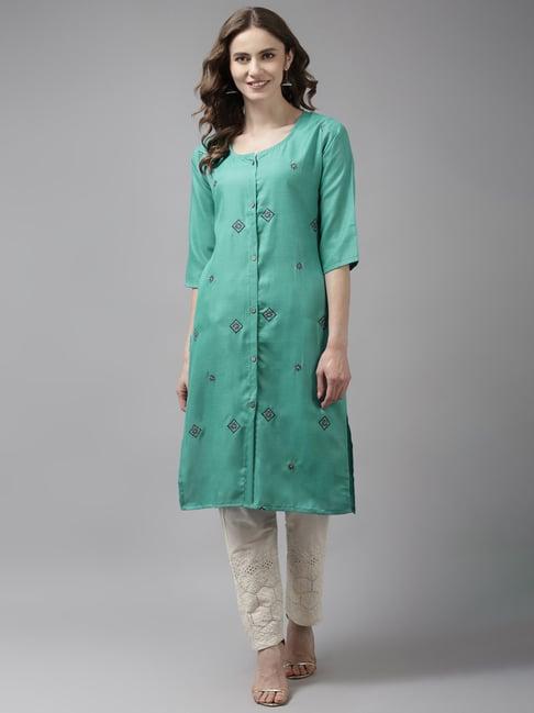 aarika blue cotton embroidered straight kurta