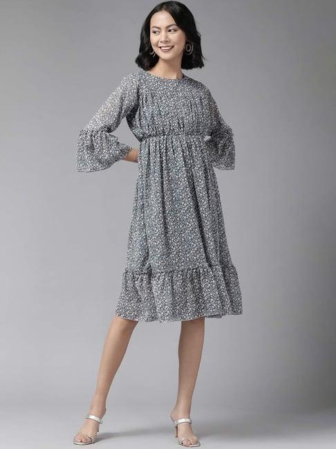 aarika grey printed a-line dress