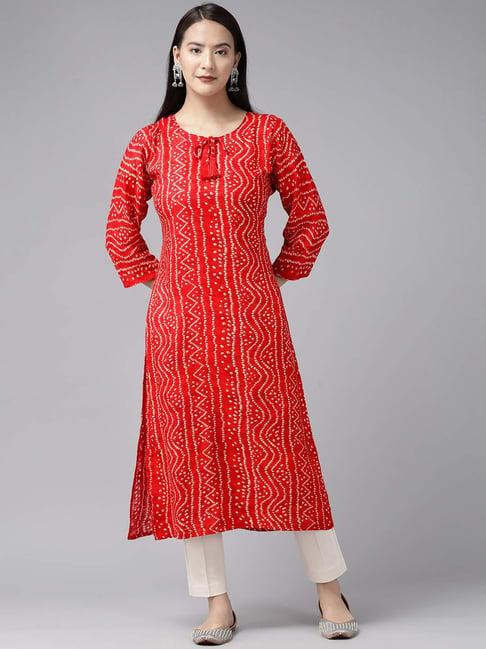 aarika red cotton printed straight kurta