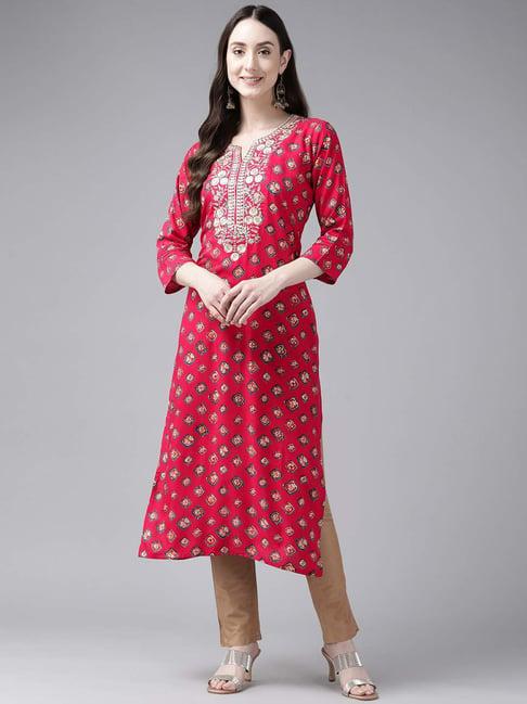 aarika pink cotton embroidered straight kurta