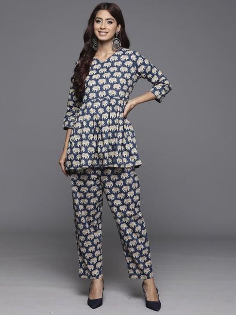 indo era blue cotton printed tunic pant set