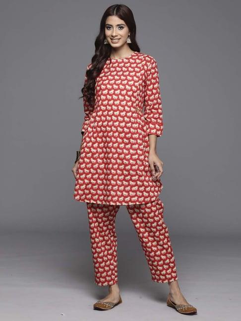 indo era red cotton printed tunic pant set