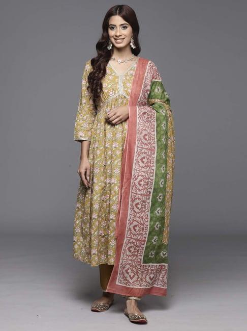 indo era mustard cotton printed kurta pant set with dupatta