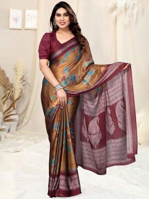 mirchi fashion mustard & maroon printed saree with unstitched blouse