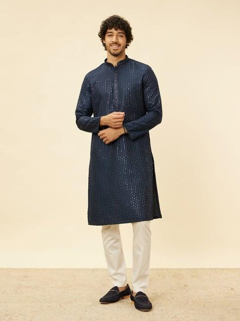 manyavar blue & begie regular fit embroidered kurta bottom set