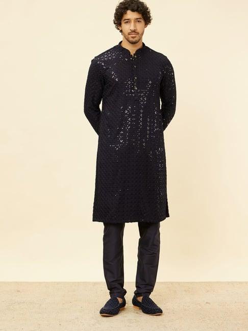 manyavar blue regular fit embroidered kurta bottom set