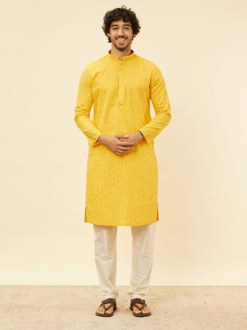 manyavar mustard & begie regular fit self pattern kurta bottom set