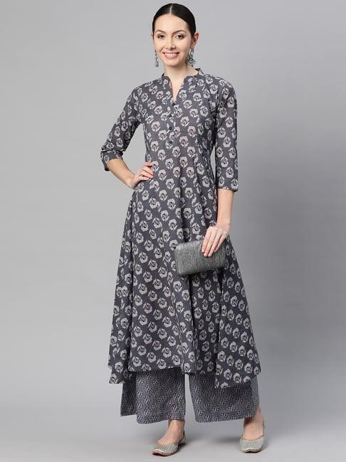 indibelle grey cotton floral kurta & palazzo set