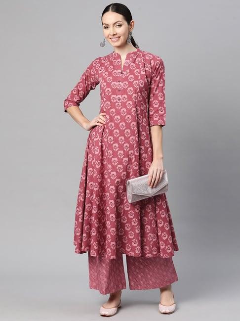 indibelle pink cotton floral kurta & palazzo set