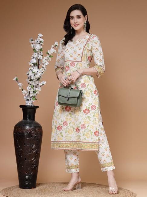 indibelle beige cotton floral kurta pant set