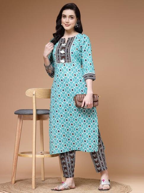 indibelle turquoise cotton floral kurta pant set