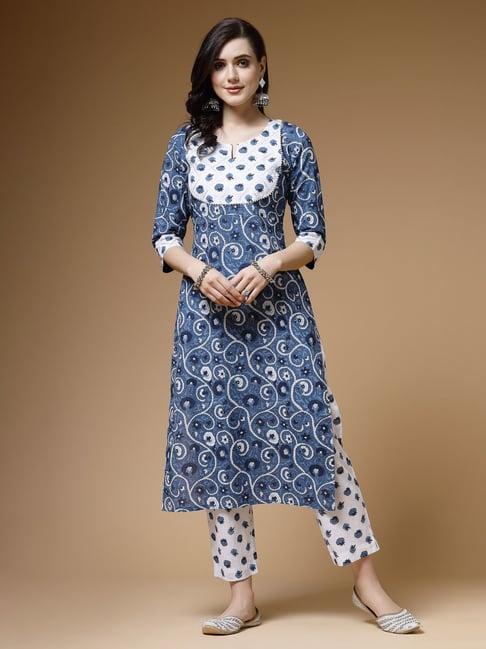 indibelle blue cotton floral kurta pant set