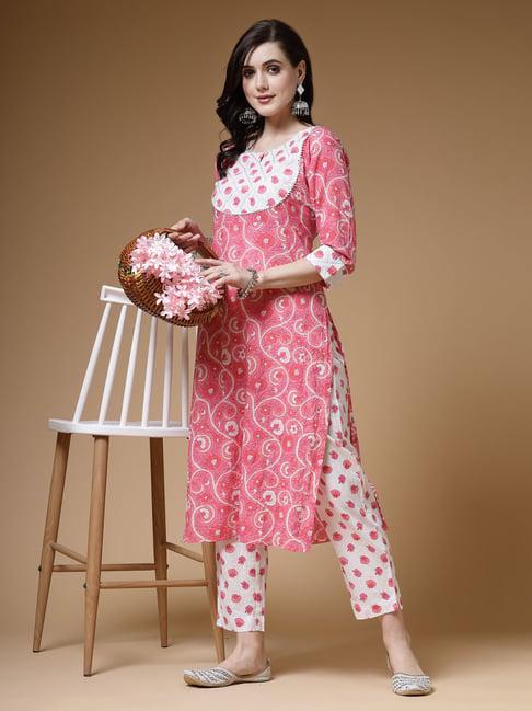 indibelle pink cotton floral kurta pant set