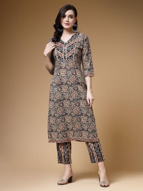 indibelle black cotton floral kurta pant set