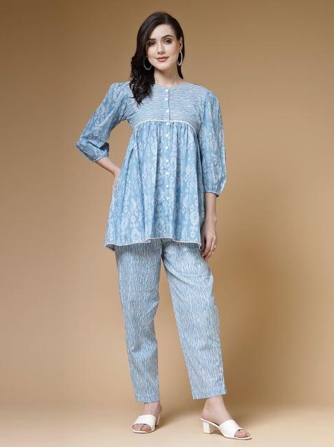 indibelle blue cotton printed kurti pant set