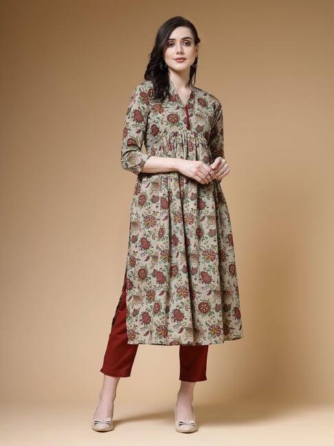 indibelle green cotton floral kurta pant set