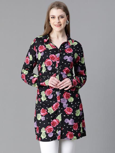 oxolloxo black & pink floral print long shirt