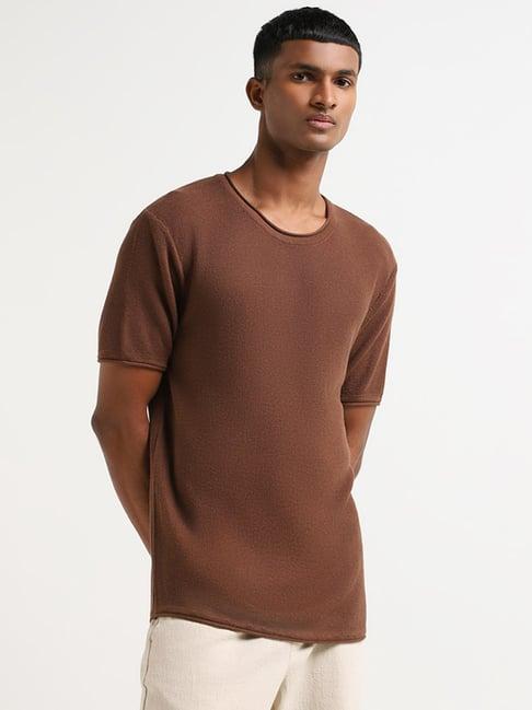 eta by westside dark brown self patterned slim fit t-shirt