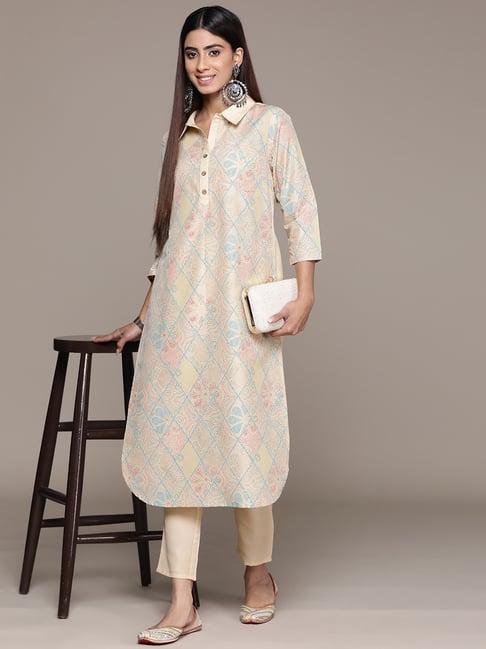 ziyaa off white printed kurta pant set