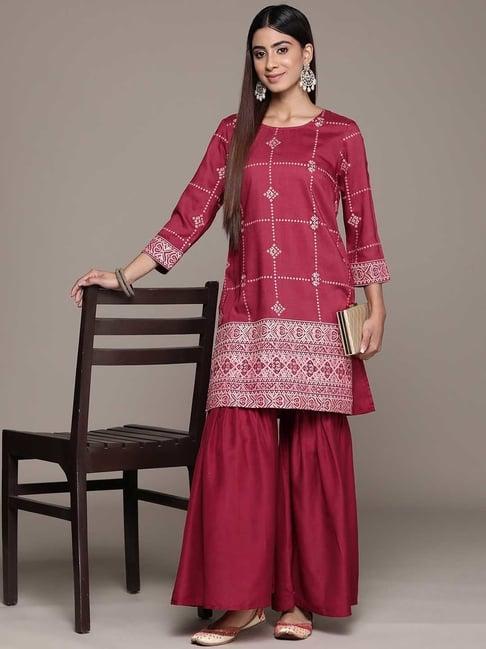 ziyaa maroon printed kurta sharara set