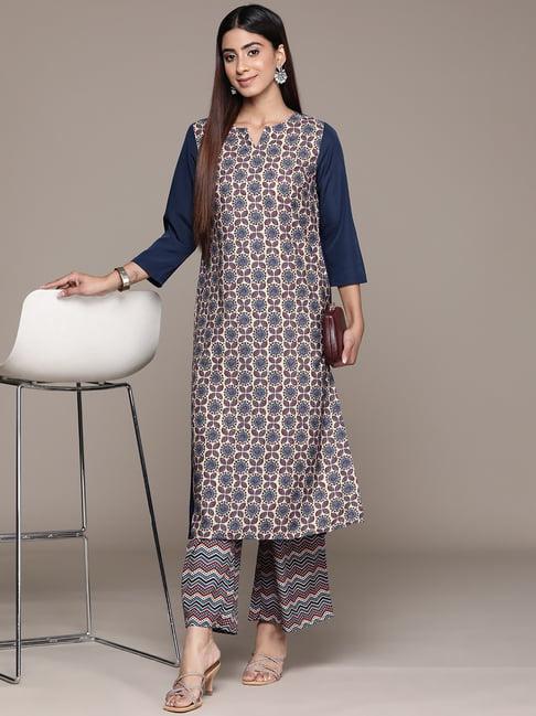 ziyaa blue printed kurta & palazzo set