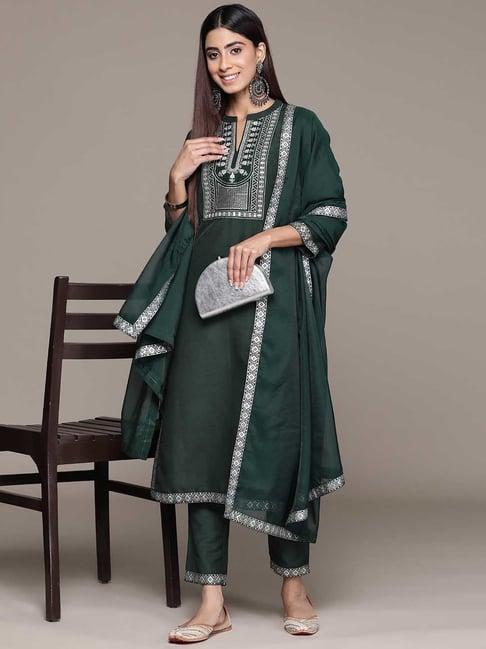 ziyaa dark green embroidered kurta with pant & dupatta