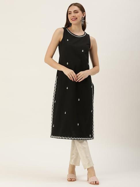 amukti black embroidered a line kurta